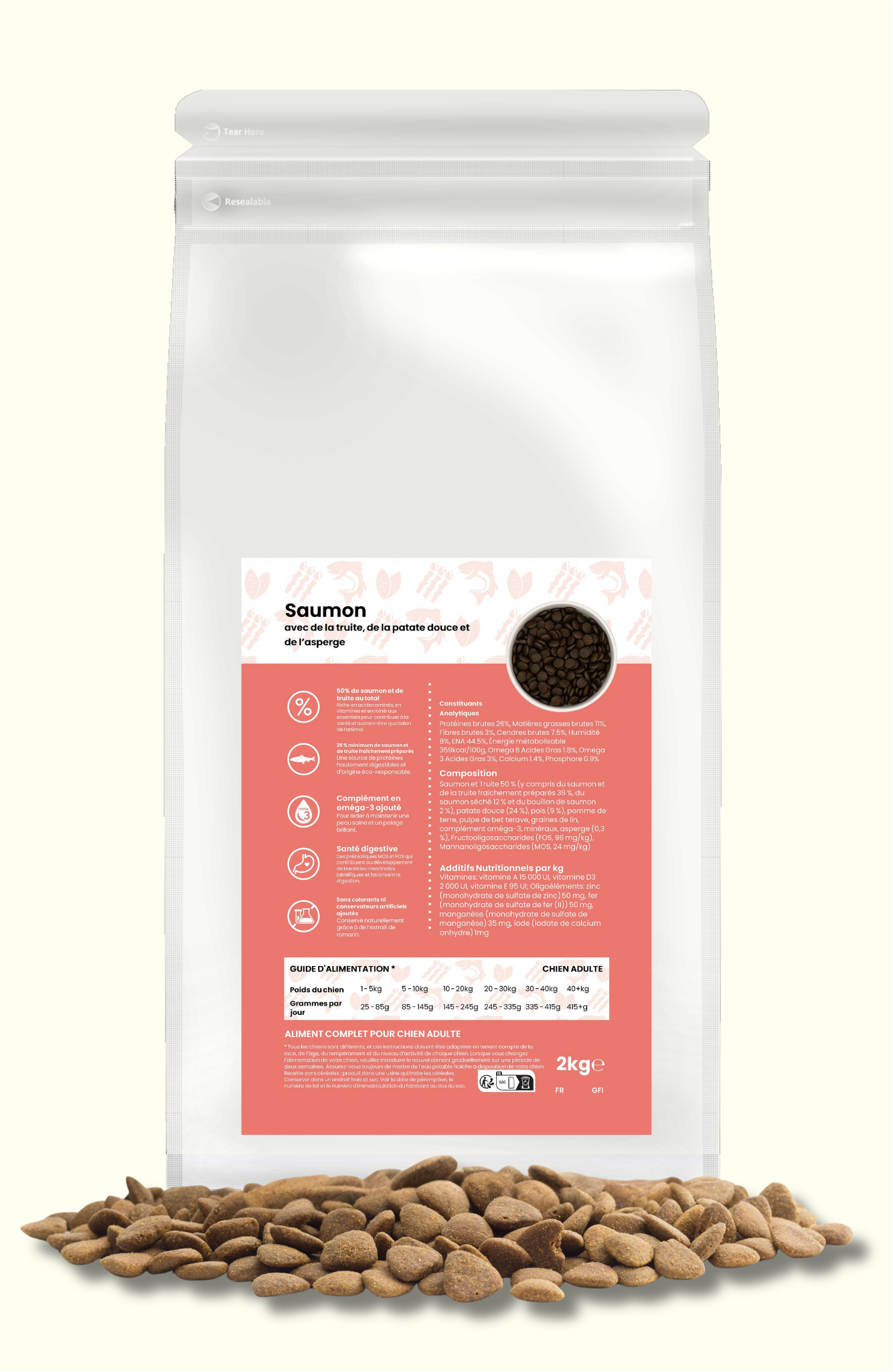 CROQUETTES CHIEN ADULTE SAUMON AVEC DE LA TRUITE, PATATE DOUCE, ASPERGE