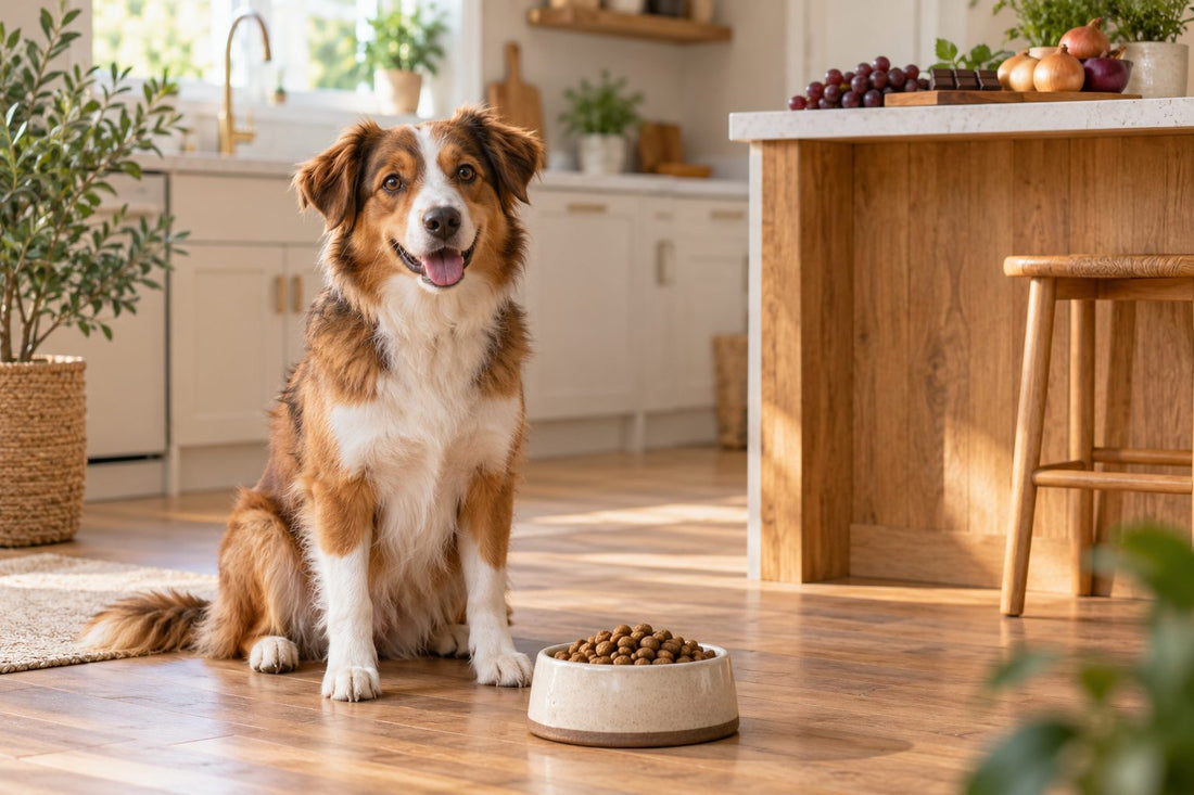 Chien devant sa gamelle, aliments dangereux placés hors de portée