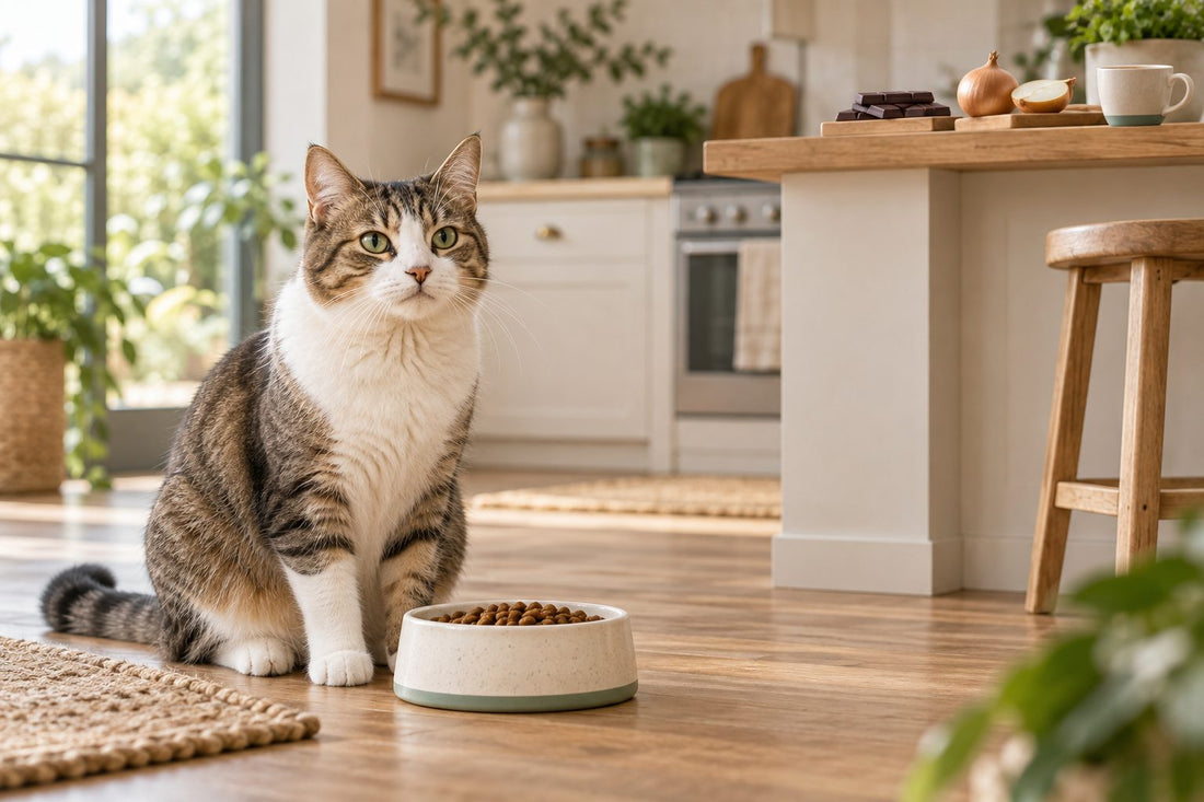 Chat devant sa gamelle, aliments toxiques placés hors de portée