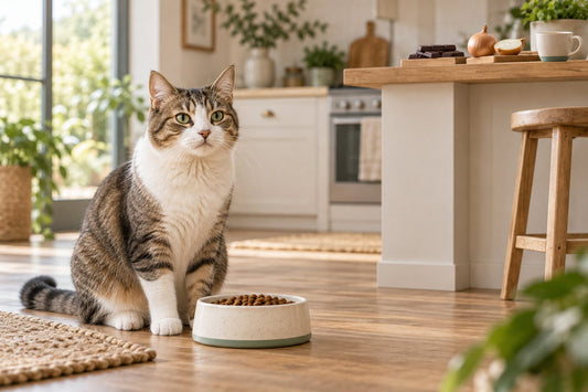 Chat devant sa gamelle, aliments toxiques placés hors de portée