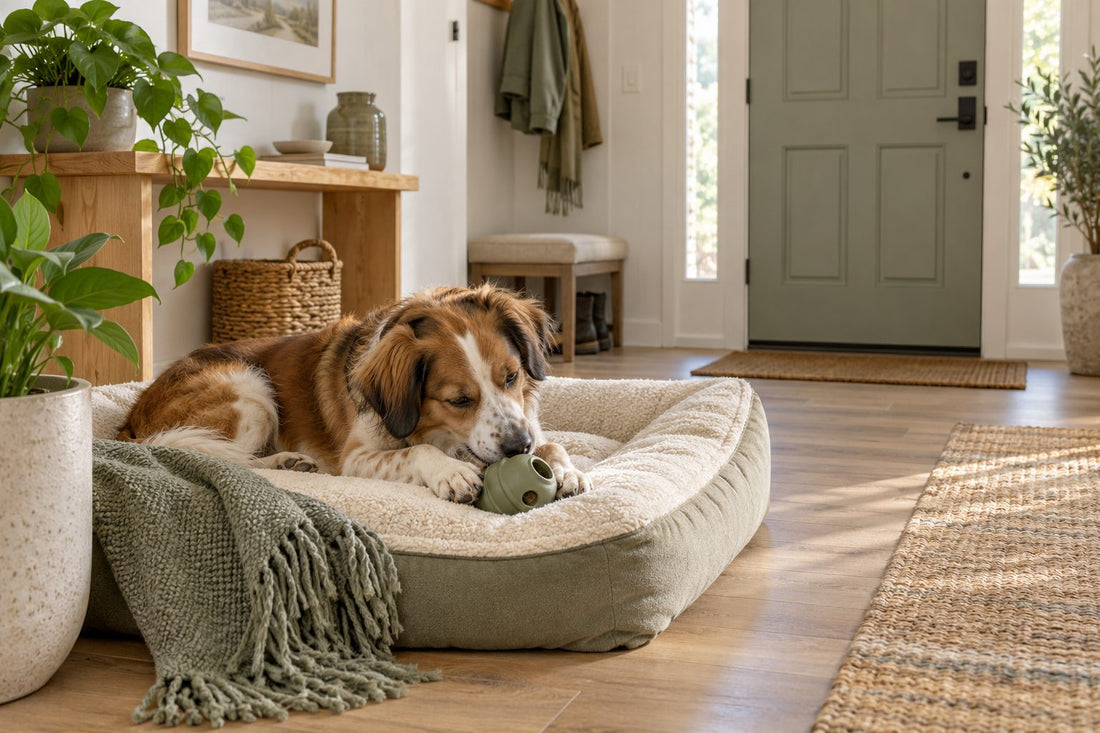 Chien reposant calmement seul avec un jouet d’occupation
