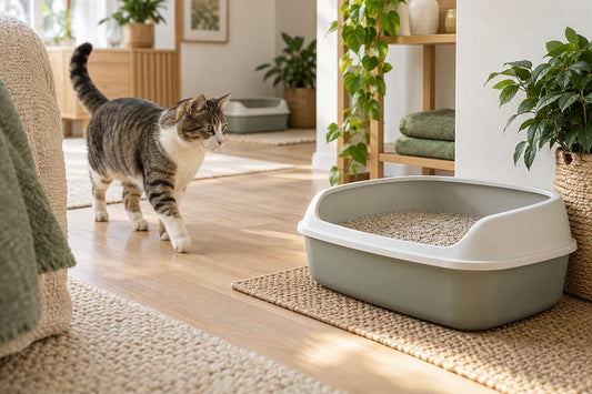 Chat près d’une litière propre dans un espace calme et accessible