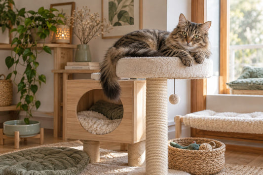 Chat détendu sur un espace en hauteur dans un intérieur apaisant