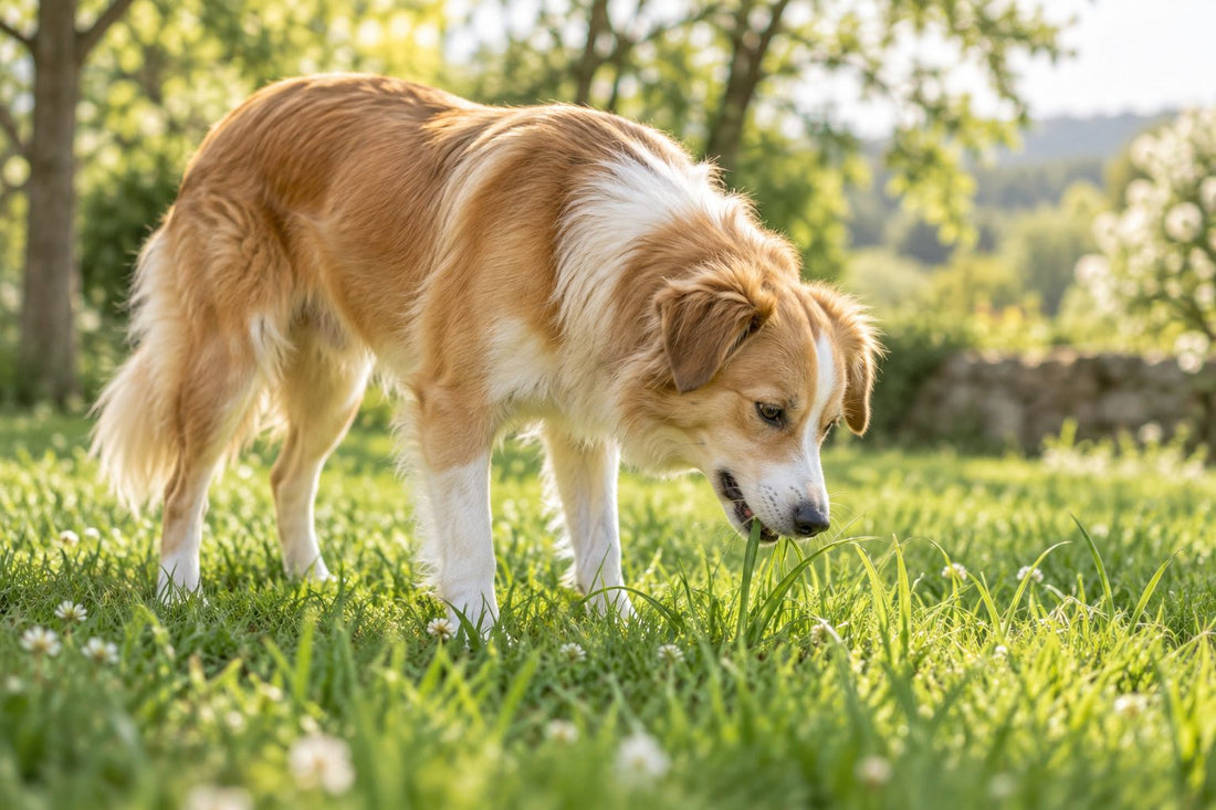 Chien mangeant quelques brins d’herbe dans un jardin naturel