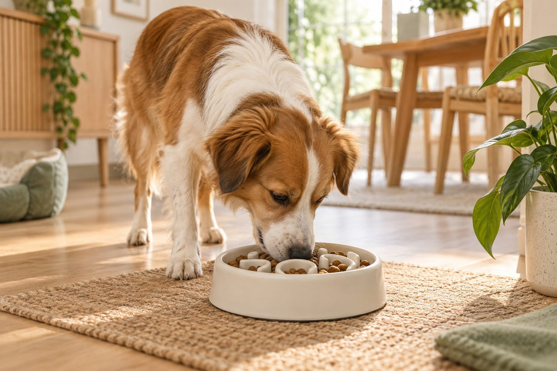 Chien mangeant lentement ses croquettes dans une gamelle anti-glouton