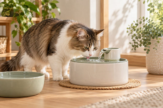 Chat buvant à une fontaine à eau avec un bol large à proximité