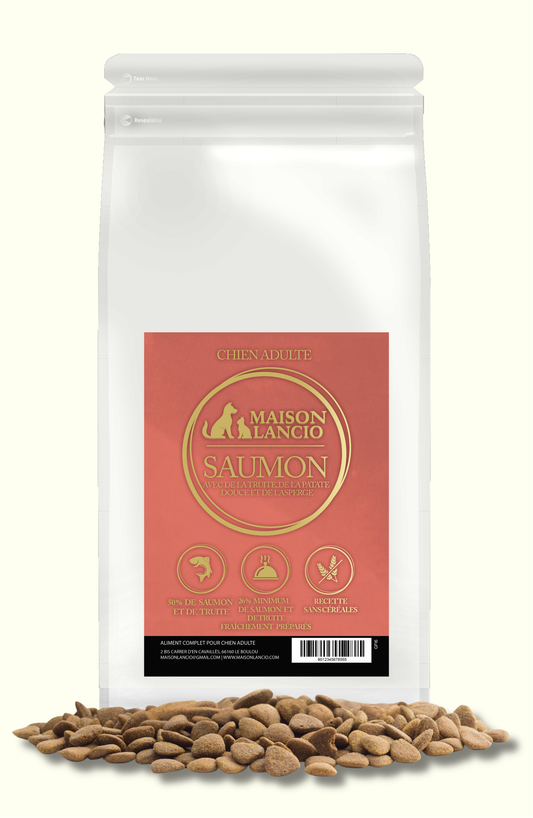 CROQUETTES CHIEN ADULTE SAUMON AVEC DE LA TRUITE, PATATE DOUCE, ASPERGE